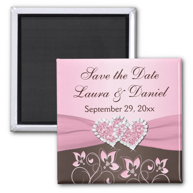 Pink, Brown Floral, Hearts Save the Date Wedding Magnet (Front)