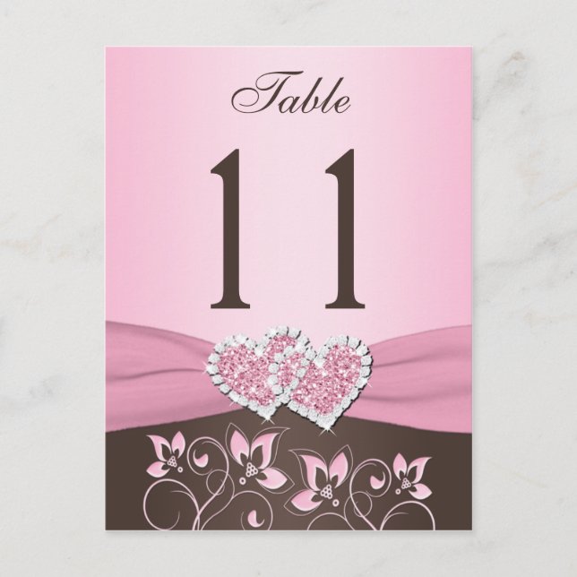 Pink, Brown Floral, Hearts Table Number Post Card (Front)