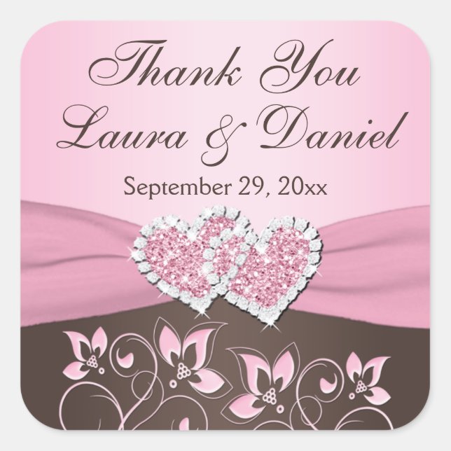 Pink, Brown Floral, Hearts Wedding Favor Sticker (Front)