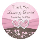 Pink, Brown Floral, Hearts Wedding Favor Sticker