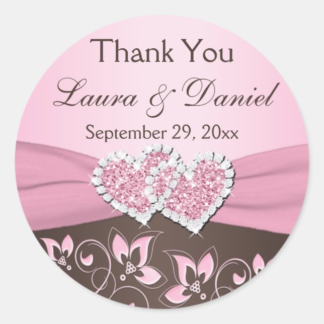 Pink, Brown Floral, Hearts Wedding Favor Sticker (Front)
