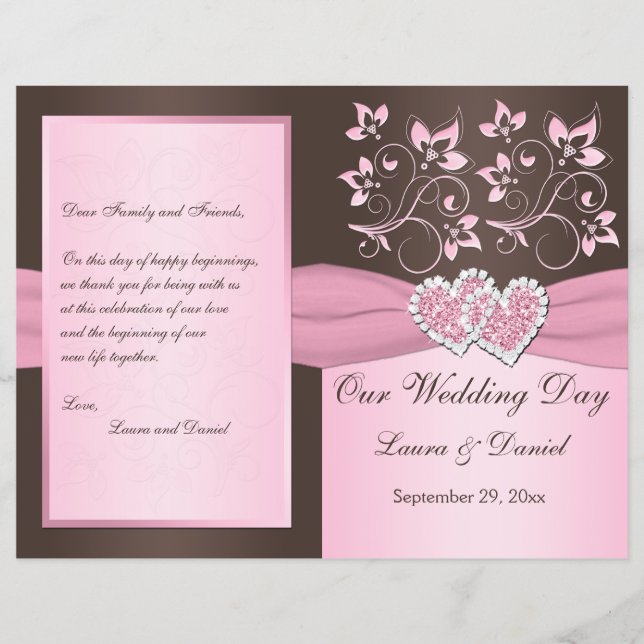 Pink, Brown Floral, Hearts Wedding Program (Front)
