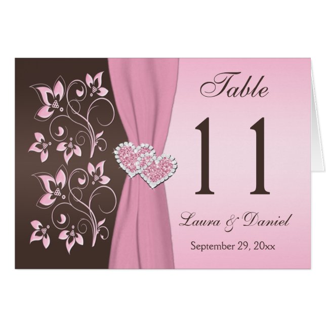 Pink, Brown Floral Joined Hearts Table Number Card (Front Horizontal)