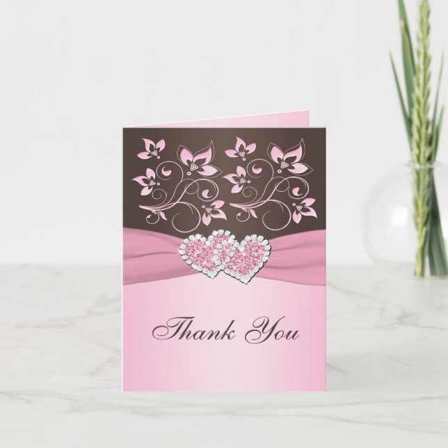 Pink, Brown Floral Joined Hearts Thank You Card (Front)