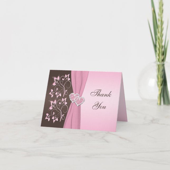 Pink, Brown Floral Joined Hearts Thank You Card 2 (Front)