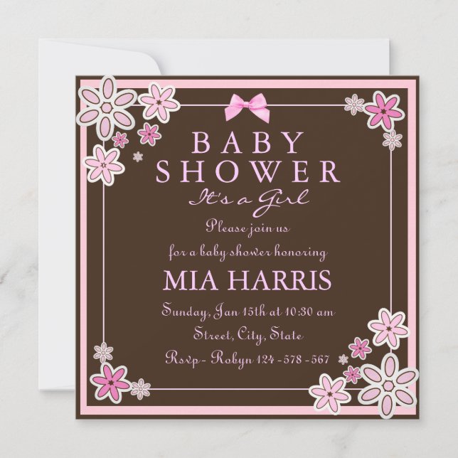 Pink & Brown Floral Modern Baby Shower Invite (Front)