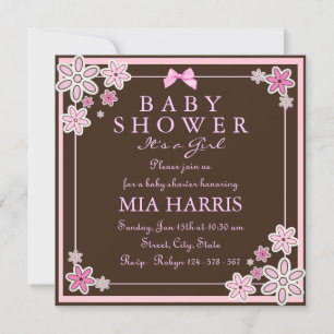 Pink & Brown Floral Modern Baby Shower Invite