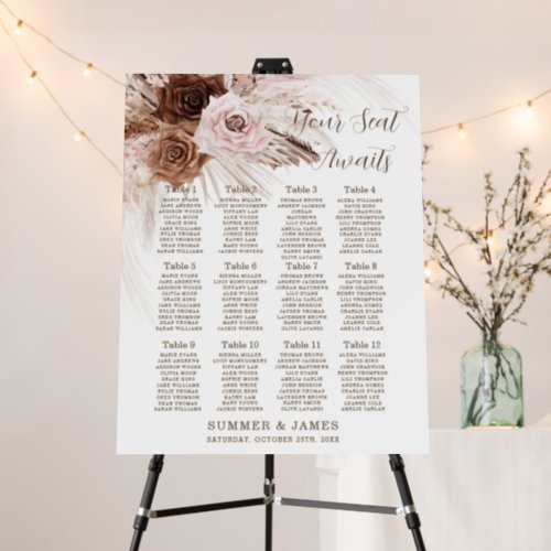 Pink Brown Floral Pampas Wedding Seating Chart Foam Board