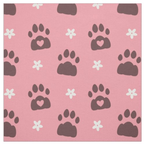 Pink Brown Floral Paw Print Pattern Fabric