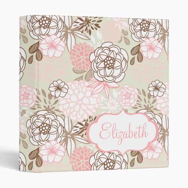 Pink & Brown Flowers Custom Name Binder (Front/Spine)