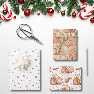 Pink Brown Gingerbread Men House Stars Cinnamon Wrapping Paper Sheets