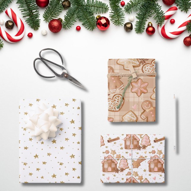 Pink Brown Gingerbread Men House Stars Cinnamon Wrapping Paper Sheets (Creator Uploaded)