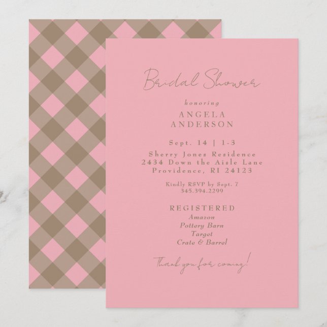 Pink & Brown Gingham Bridal Shower Invitation (Front/Back)
