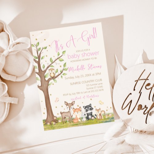 Pink Brown Girl Watercolor Woodland Animals  Invitation