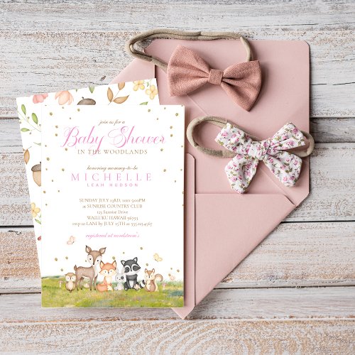 Pink Brown Girl Watercolor Woodland Animals  Invitation