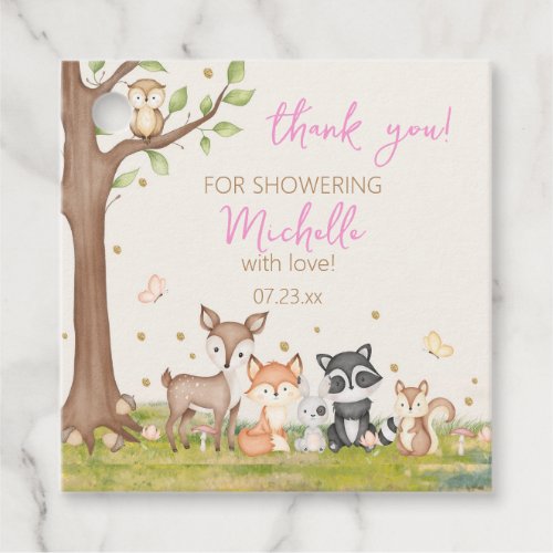 Pink Brown Girl Woodland Animals Square Favor Tags