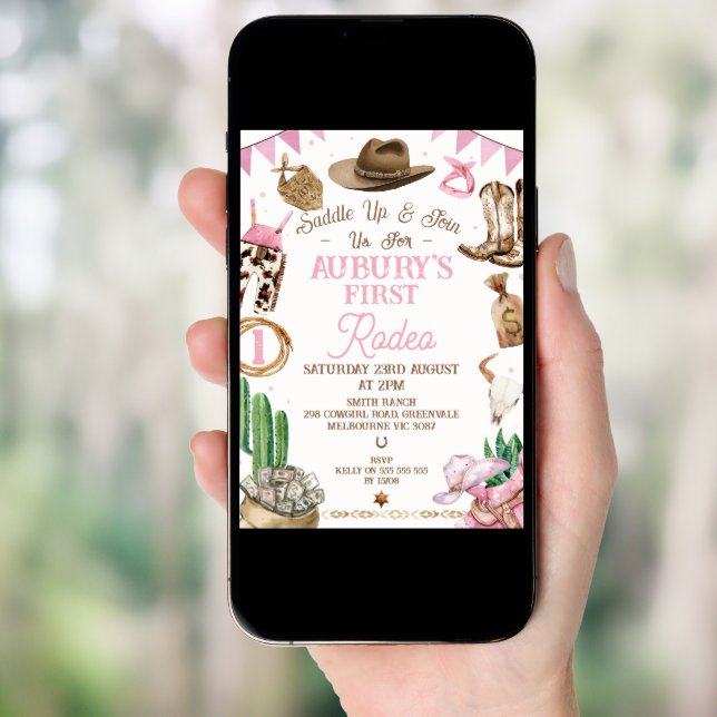 Pink Brown Girls First Rodeo 1st Birthday Invitation (Front Digital)