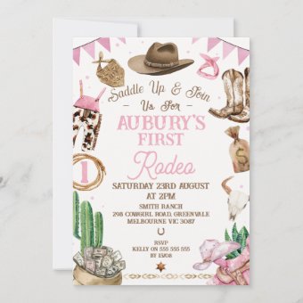 Pink Brown Girls First Rodeo 1st Birthday Invitation | Zazzle