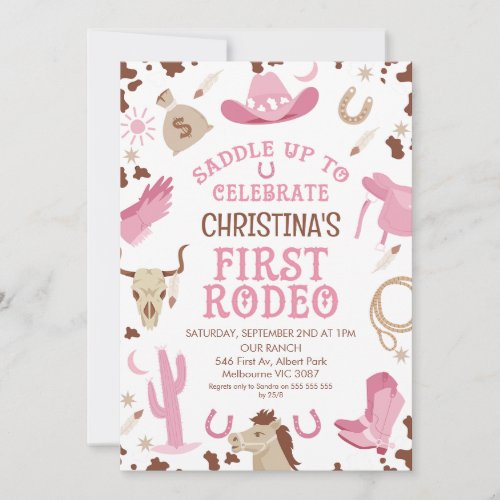 Pink Brown Girls Horse First Rodeo 1st Birthday Invitation