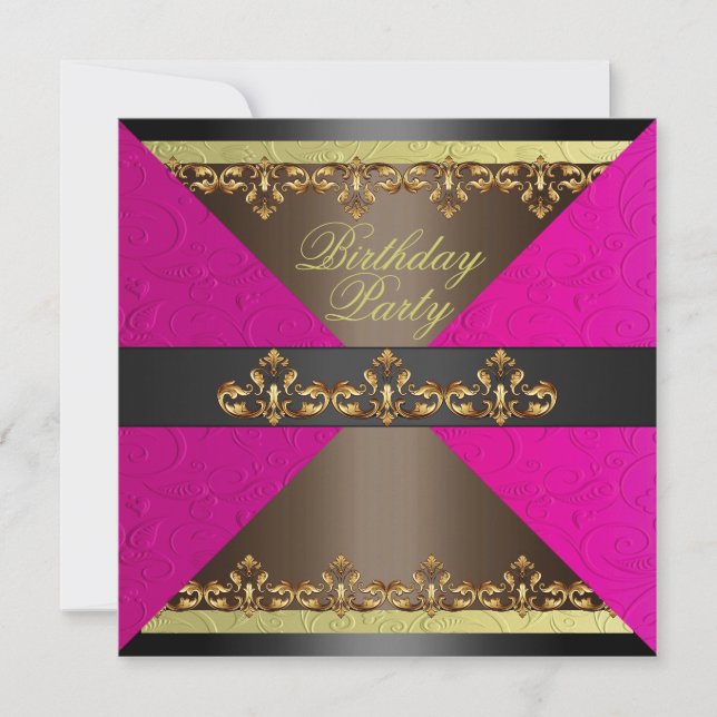 Pink/Brown & Gold Damask Birthday Invitation (Front)