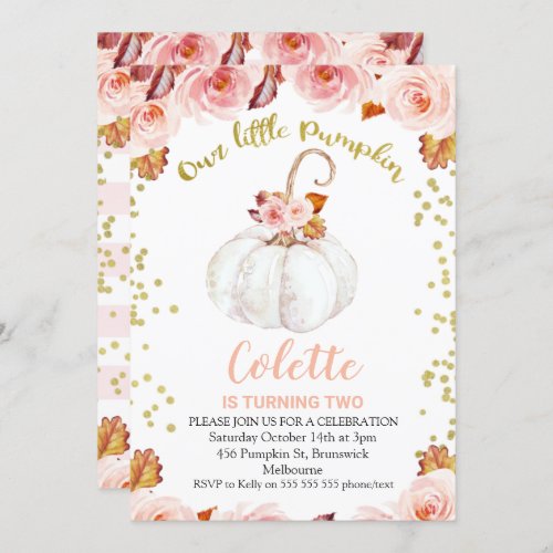 Pink Brown Gold Little Pumpkin Birthday Invitation