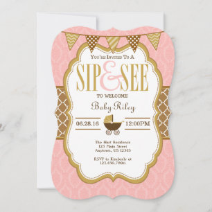 Pink Brown Gold Sip And See Invitation
