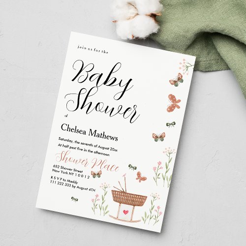 Pink brown green butterfly floral Baby Shower  Invitation