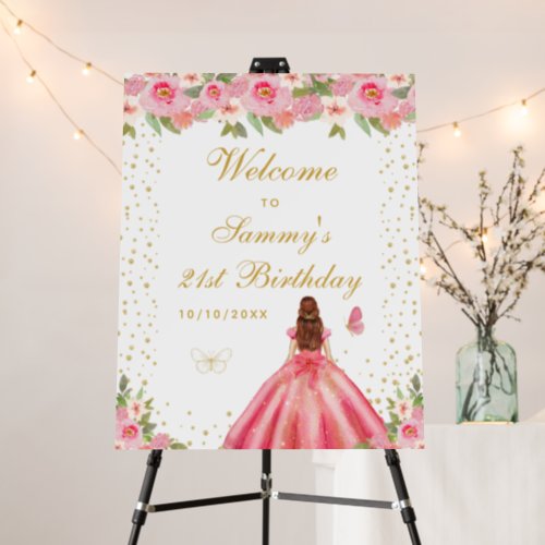 Pink Brown Hair Girl Birthday Party Welcome Foam Board