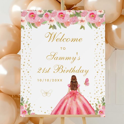 Pink Brown Hair Girl Birthday Party Welcome Foam Board