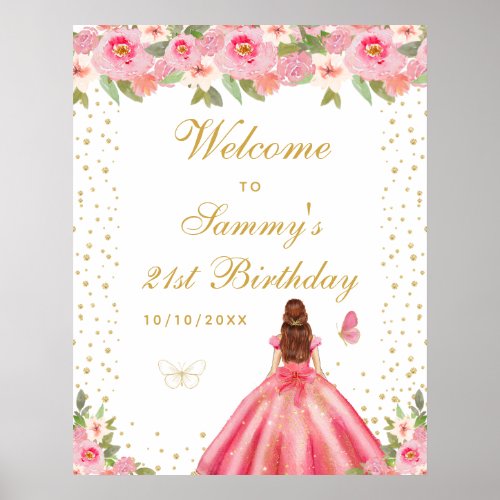 Pink Brown Hair Girl Birthday Party Welcome Poster