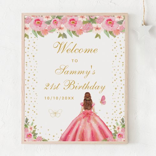 Pink Brown Hair Girl Birthday Party Welcome Poster