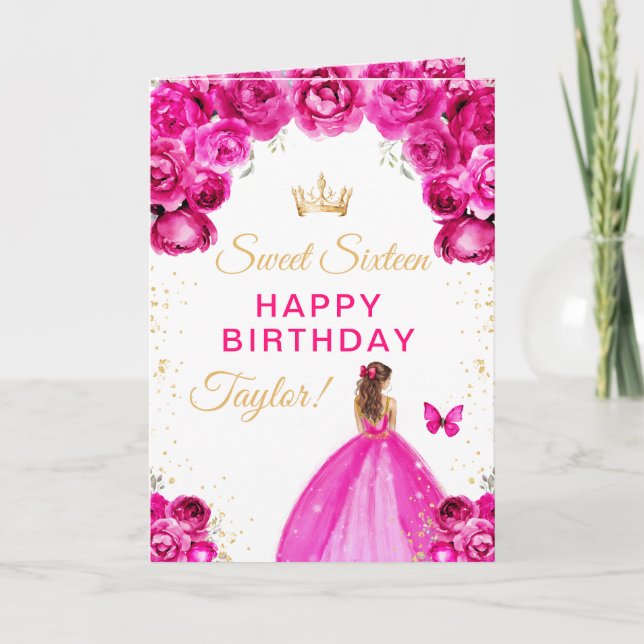 Pink Brown Hair Girl Sweet Sixteen Birthday Card (Front)