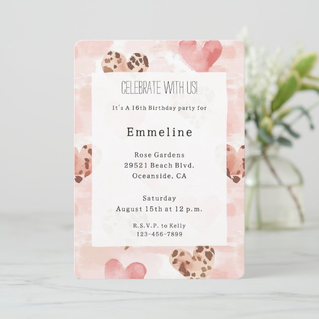 Pink Brown Hearts Leopard Animal Print Birthday Invitation (Standing Front)