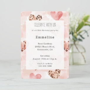 Pink Brown Hearts Leopard Animal Print Birthday Invitation