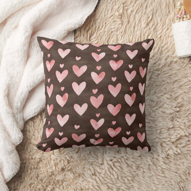 Pink Brown Hearts   Throw Pillow (Blanket)