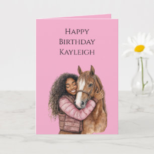 Pink Brown Horse Black Hair Girl Birthday Card