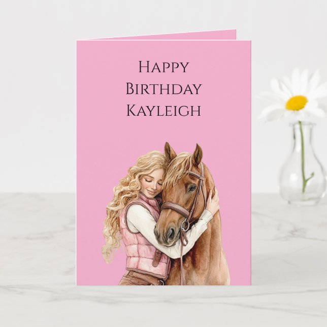 Pink Brown Horse Blond Hair Girl Birthday Card (Small Plant)