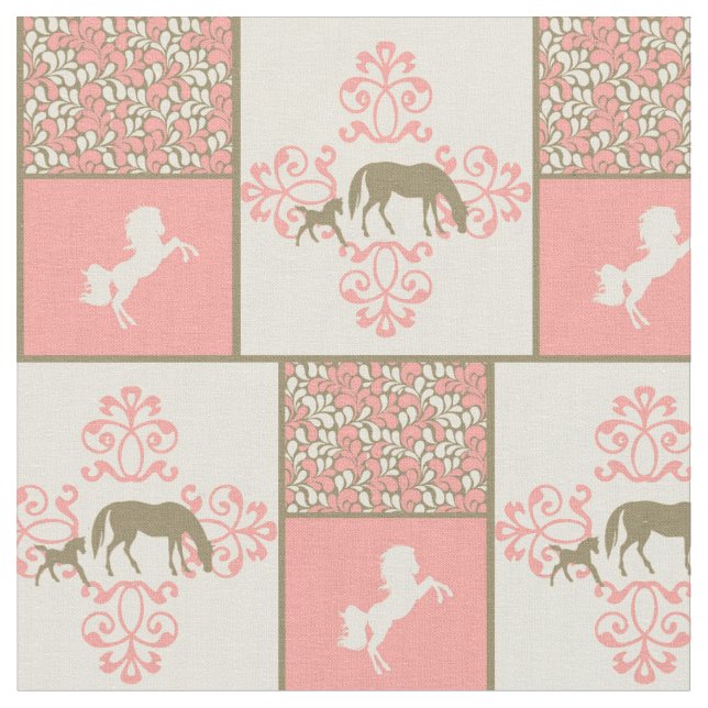 pink brown horses fabric (Close Up)