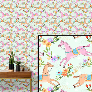 Pink Brown Horses & Flowers Wallpaper