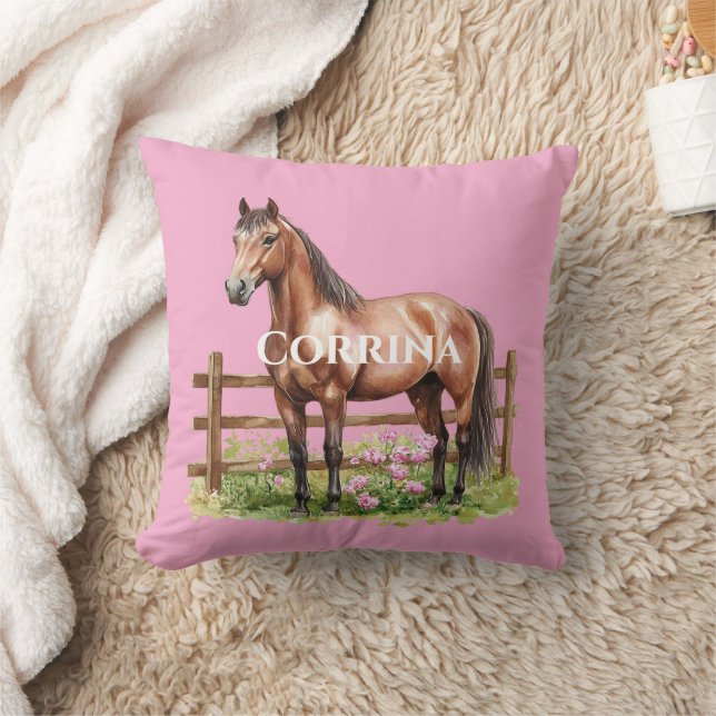 Pink Brown Horses Throw Pillow (Blanket)
