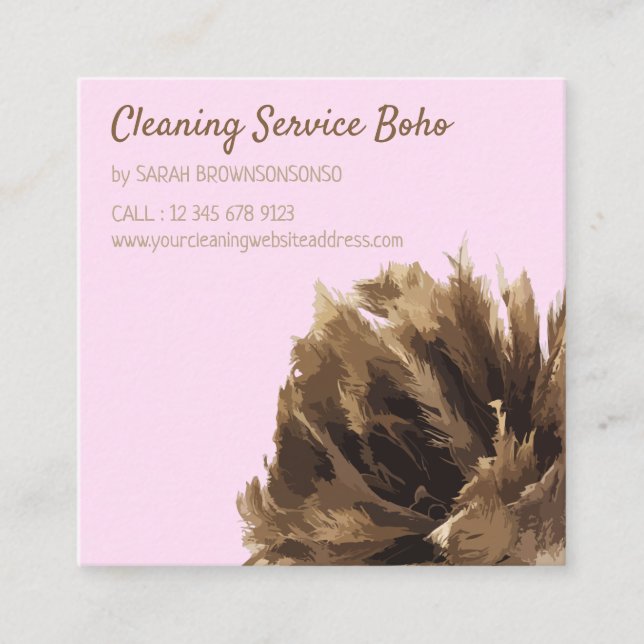 Pink Brown Janitorial Cleaning maid hand broom Square Business Card (Front)