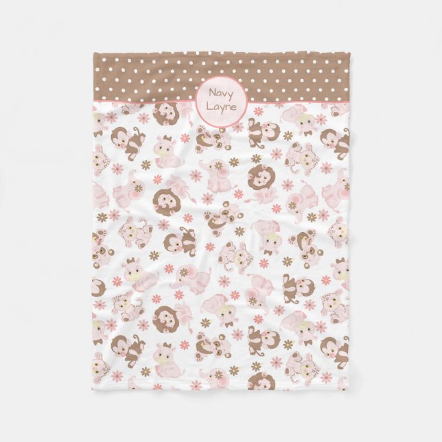 Pink Brown Jungle Animals Pattern Personalized Fleece Blanket (Front)