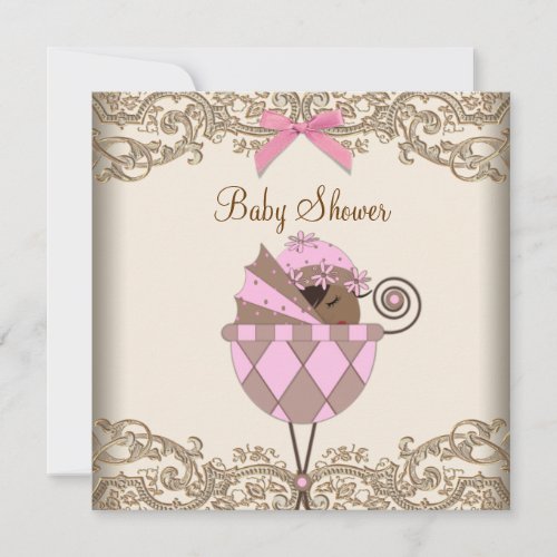 Pink Brown Lace African American Baby Girl Shower Custom Invite