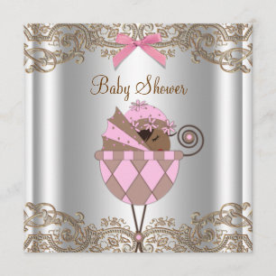 Pink Brown Lace African American Baby Girl Shower Invitation
