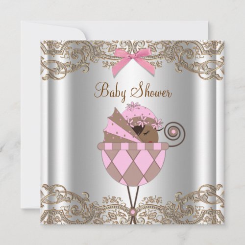 Pink Brown Lace African American Baby Girl Shower Announcements