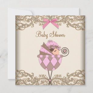 Pink Brown Lace Girl Baby Shower Invitation
