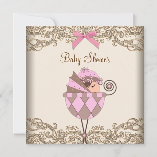 Pink Brown Lace Girl Baby Shower Personalized Announcement
