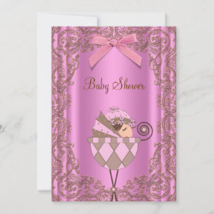 Pink Brown Lace Girl Baby Shower Invitation