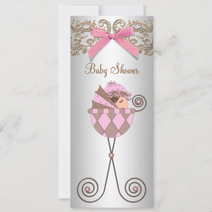 Pink Brown Lace Girl Baby Shower Invitation
