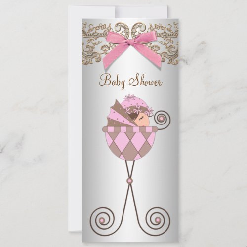Pink Brown Lace Girl Baby Shower Invitations